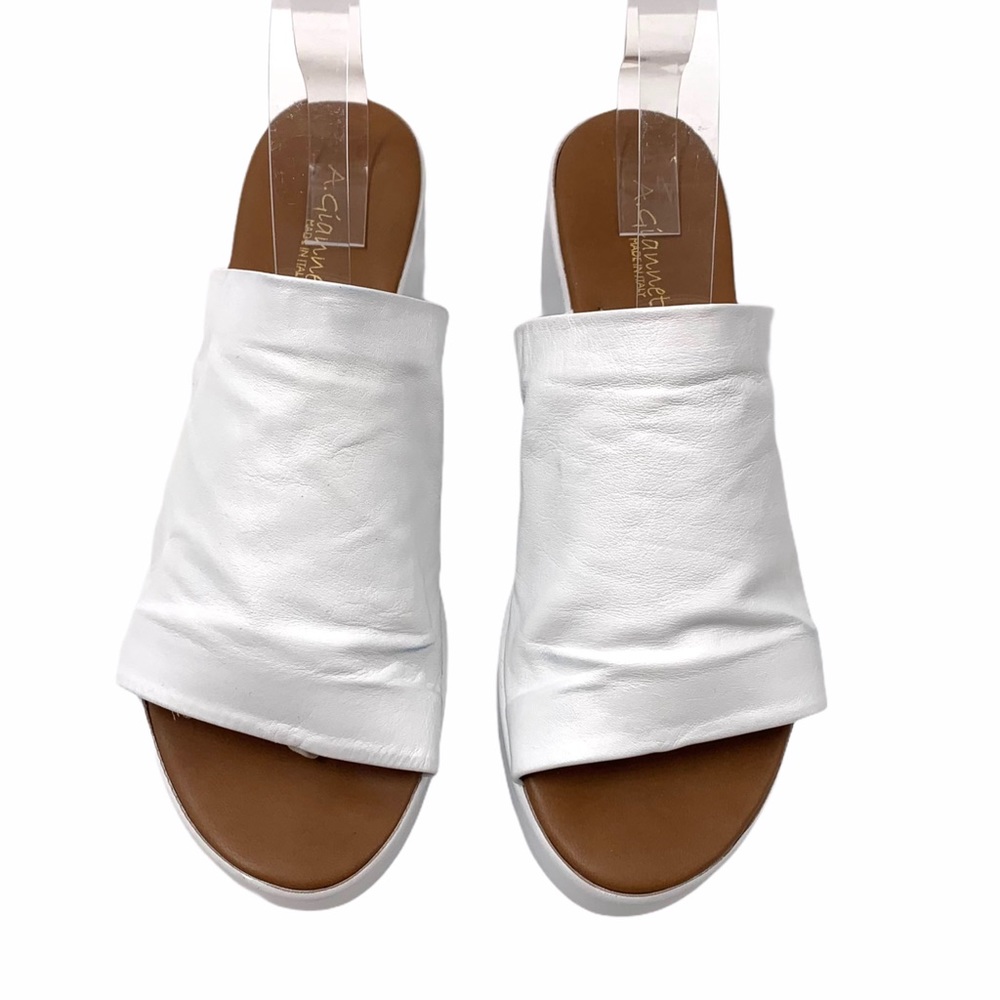 A. Giannetti White Leather Platform Wedge Slides_2